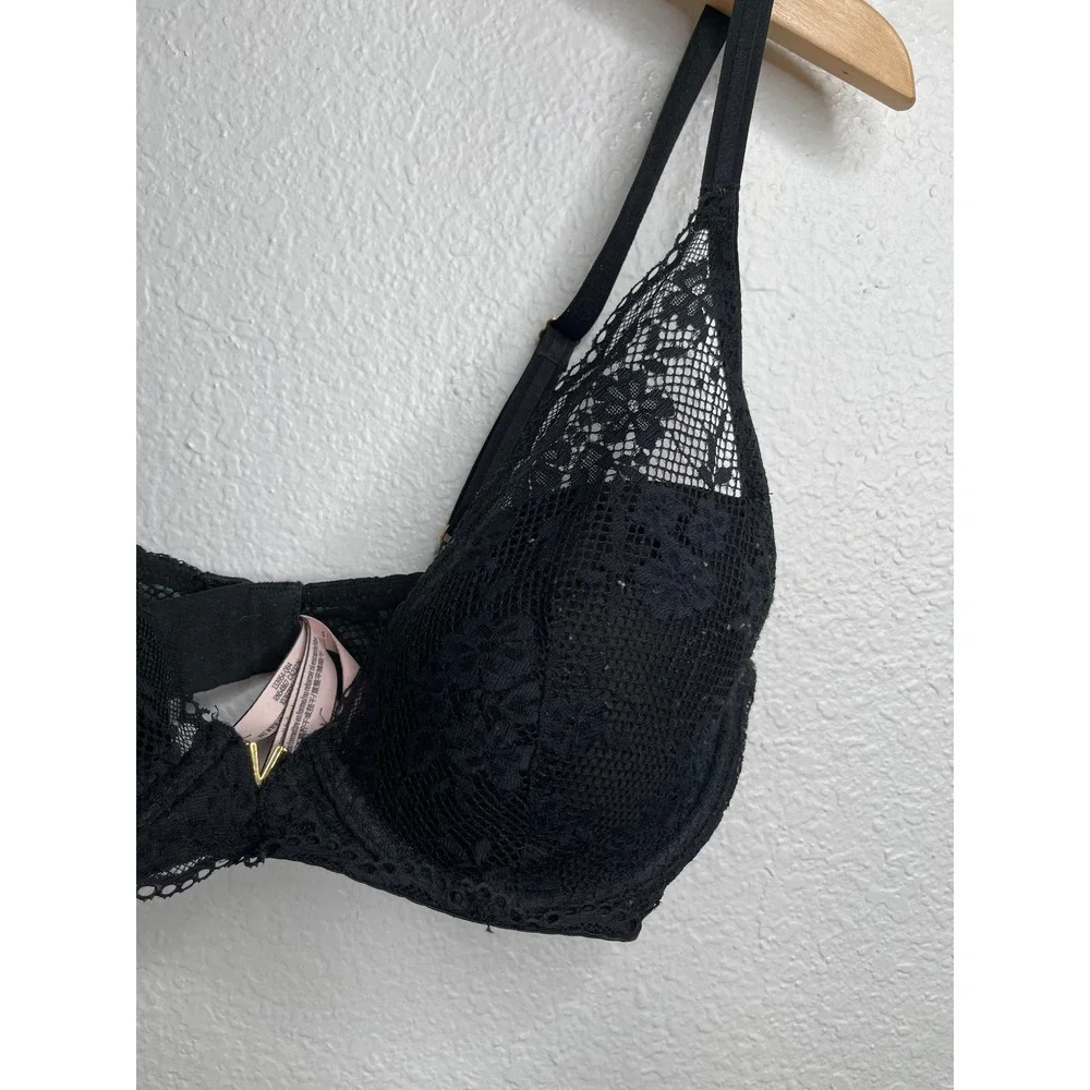 Victoria's Secret Black Floral Lace Mesh Plunge Underwire‎ Bra 34D Gold V